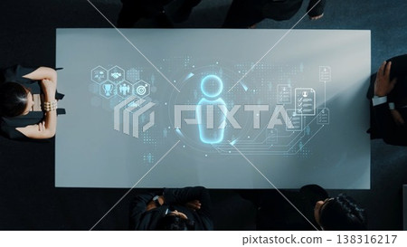 Conceptual futuristic meeting room with holographic business data projections, diverse professionals discussing strategy and innovation ideas on digital screen. Raster Conceptual futuristic meeting room with holographic business data projections, diverse professionals discussing strategy and innovation ideas on digital screen. Raster 138316217
