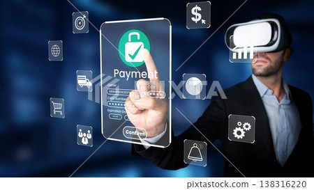 Man Using Virtual Reality to Confirm Payment with Digital Interface in a Modern Financial Environment for Tech and Innovation Imagery Gluon Man Using Virtual Reality to Confirm Payment with Digital Interface in a Modern Financial Environment for Tech and Innovation Imagery Gluon 138316220