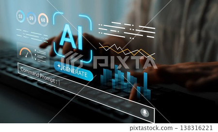 Futuristic User Interface Displaying AI Technology with Data Visualizations, Charts, and Command Prompt Interaction for Innovation and Creativity Gluon 138316221