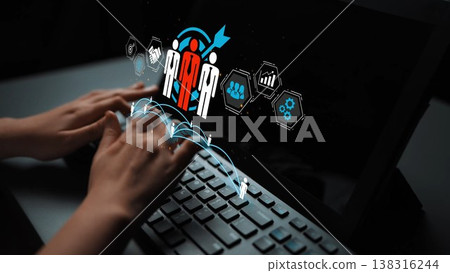 Hands Typing on Keyboard with Team Collaboration Icons and Digital Graphs for Business Growth and Innovation Concept Gluon Hands Typing on Keyboard with Team Collaboration Icons and Digital Graphs for Business Growth and Innovation Concept Gluon 138316244
