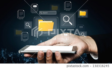 Hand Holding Smartphone Displaying Search Functionality with Digital Files and Icons for Project Management and Data Organization Gluon Hand Holding Smartphone Displaying Search Functionality with Digital Files and Icons for Project Management and Data Organization Gluon 138316245