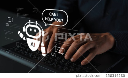 Hands typing on laptop keyboard with chatbot icon and text messages representing artificial intelligence interaction and virtual assistance in modern technology Gluon Hands typing on laptop keyboard with chatbot icon and text messages representing artificial intelligence interaction and virtual assistance in modern technology Gluon 138316280
