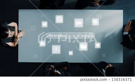 Futuristic Business Meeting with Digital Interface and Search Bar Overhead View of Professionals Collaborating on Technology in Modern Workspace. Raster Futuristic Business Meeting with Digital Interface and Search Bar Overhead View of Professionals Collaborating on Technology in Modern Workspace. Raster 138316371