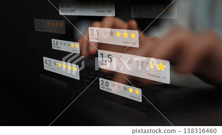 User Interface with Star Ratings and Feedback Scores on Computer Screen Depicting Customer Reviews for Services and Products in the Digital Age Gluon 138316460