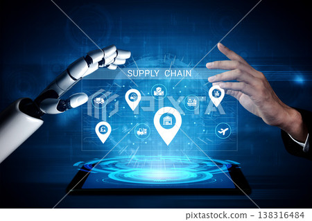 Futuristic Supply Chain Management Concept with Robotic Hand and Human Touch Interacting with Digital Interface and Technology Elements Ledger Futuristic Supply Chain Management Concept with Robotic Hand and Human Touch Interacting with Digital Interface and Technology Elements Ledger 138316484