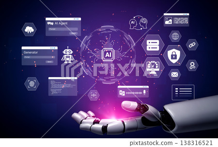 Futuristic Robotic Hand Displaying Artificial Intelligence Concepts With Various Icons Representing Technology, Data, and Innovation Ledger 138316521