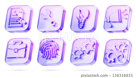 3D glass hologram square business icon set. Briefcase, document, fingerprint, light bulb leaf, megaphone, wrench gear. Financial safety, settings, eco innovation technology, marketing. 3D illustration 138316833