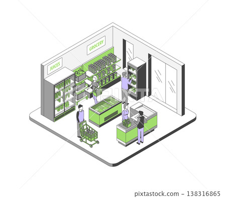 Cartoon Color Supermarket Store Interior Inside Shop Concept 3d Isometric View Line Elements. Vector illustration of Grocery Market 138316865
