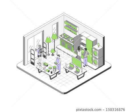Cartoon Color Household Appliances Store Interior Inside Shop Concept 3d Isometric View Line Elements. Vector illustration 138316876