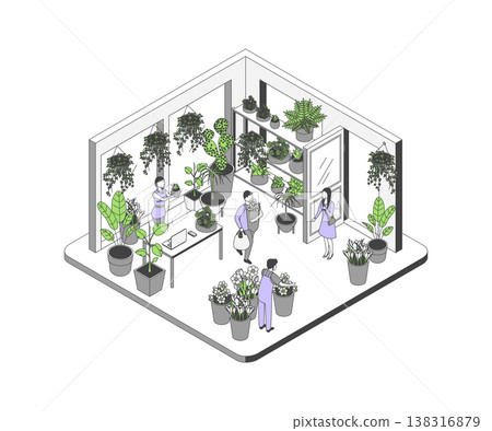 Cartoon Color Flowers Store Interior Inside Shop Concept 3d Isometric View Line Elements. Vector illustration of Houseplants 138316879