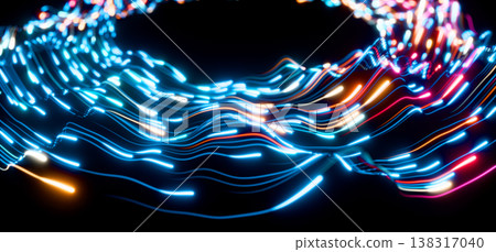 Neon light radial circle lines pattern in perspective. 3D vibrant yellow, red and turquoise circular electric waves with glowing energy particles, halo ring effect on black background. 3D illustration 138317040