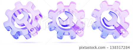 Glass holographic gear with wrench 3d icon in different angles view. Repair set of purple crystal cog and spanner tool for UI design. Settings, car service, fixing and maintenance. 3D illustration Glass holographic gear with wrench 3d icon in different angles view. Repair set of purple crystal cog and spanner tool for UI design. Settings, car service, fixing and maintenance. 3D illustration 138317284