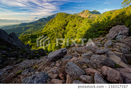 清晨從八岳北部的入岳望去，可以看到天狗山、伊歐山和富士山。 138317587
