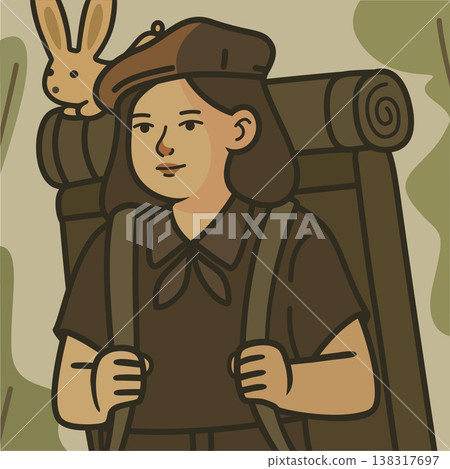 A young girl hiking with a cute rabbit backpack A young girl hiking with a cute rabbit backpack 138317697