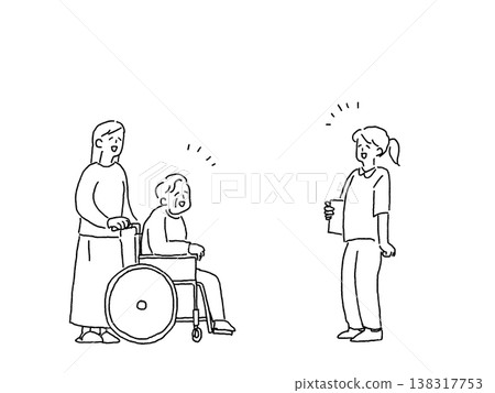 Caregiving and nursing jobs (wheelchair users, family members, nurses, caregivers), line drawings Caregiving and nursing jobs (wheelchair users, family members, nurses, caregivers), line drawings 138317753