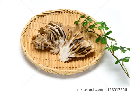 白色背景上擺放著竹籃的舞茸菇。 白色背景上擺放著竹籃的舞茸菇。 138317836