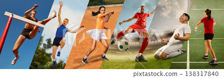 Athletes performing in dynamic movements across outdoor sports environments collage. Banner 138317840