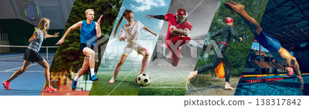 Dynamic collage with athletes performing in outdoor environments. Banner Dynamic collage with athletes performing in outdoor environments. Banner 138317842