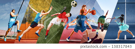 Collage of diverse athletes in motion across outdoor sport environments. Banner 138317843
