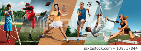 Athletes captured in dynamic movement on outdoor courts and stadiums composition. Banner 138317844