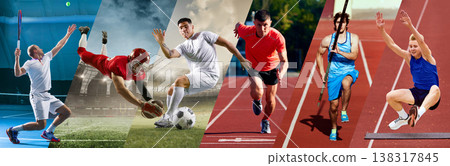 Dynamic collage with athletes performing different sports on outdoor stadium backgrounds. Banner 138317845