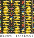 Sardines fish striped seamless pattern. Vector hand drawn Mediterranean seafood, wine, tomatoes, pepper, lemon, olives. 138318091