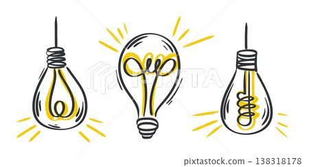 Hand drawn set of glowing incandescent light bulbs Hand drawn set of glowing incandescent light bulbs 138318178