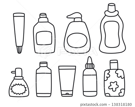 Set of cosmetic jars, bottles and various packaging doodle style Set of cosmetic jars, bottles and various packaging doodle style 138318180