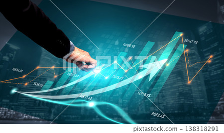 Business person analyzing financial growth chart with glowing lines and numbers in a modern city background showcasing success and strategy visualization Scalp Business person analyzing financial growth chart with glowing lines and numbers in a modern city background showcasing success and strategy visualization Scalp 138318291