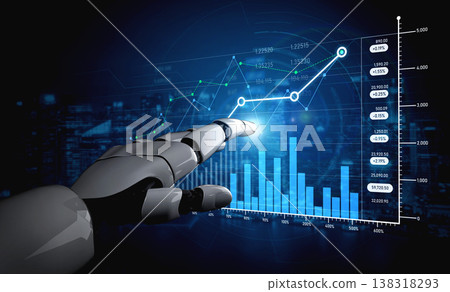 Futuristic robotic hand interacting with digital analytics interface, featuring graphs and data visualization in a modern technology environment Scalp Futuristic robotic hand interacting with digital analytics interface, featuring graphs and data visualization in a modern technology environment Scalp 138318293