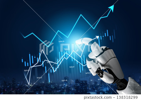Futuristic Robot Hand Interacting with Digital Financial Growth Charts, Representing Technology and Innovation in Data Analysis and Stock Market Trends Scalp Futuristic Robot Hand Interacting with Digital Financial Growth Charts, Representing Technology and Innovation in Data Analysis and Stock Market Trends Scalp 138318299