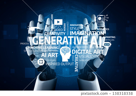 Hands of a humanoid robot holding digital concepts of generative AI, creativity, innovation, digital art, imagining the future of artificial intelligence technology. Tessel Hands of a humanoid robot holding digital concepts of generative AI, creativity, innovation, digital art, imagining the future of artificial intelligence technology. Tessel 138318338