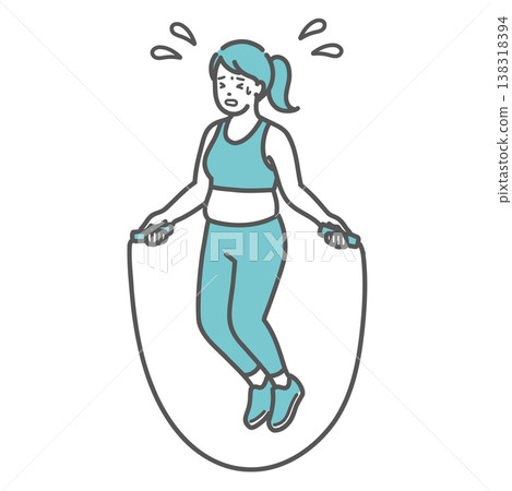 一幅描繪一位身材豐滿的女子努力跳繩的插圖。 138318394