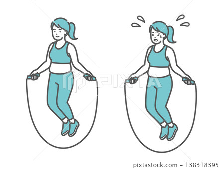 一組插圖對比了一位身材豐滿的女性在跳繩鍛鍊時微笑和痛苦的表情。 一組插圖對比了一位身材豐滿的女性在跳繩鍛鍊時微笑和痛苦的表情。 138318395