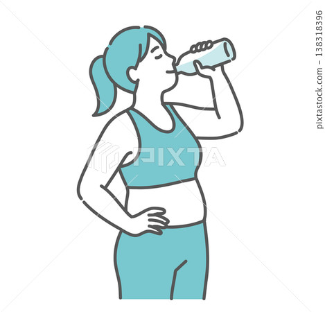 An illustration of a chubby woman in sportswear smiling and drinking water. An illustration of a chubby woman in sportswear smiling and drinking water. 138318396
