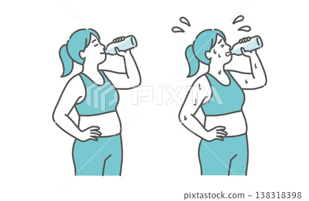 一組插圖對比了一位身材豐滿的女性在補充水分時的微笑表情和她汗流浹背時的表情。 138318398