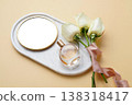 hand with cosmetics bottle, milk and flowers 138318417