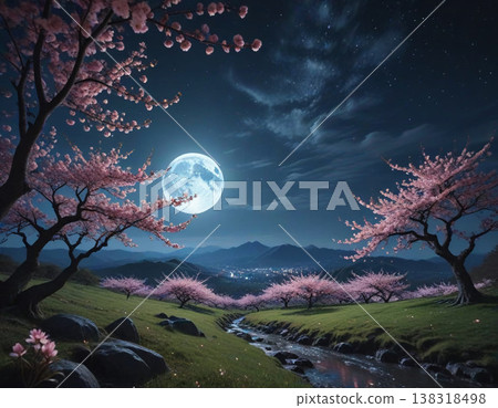 滿月櫻花盛開的景色 138318498
