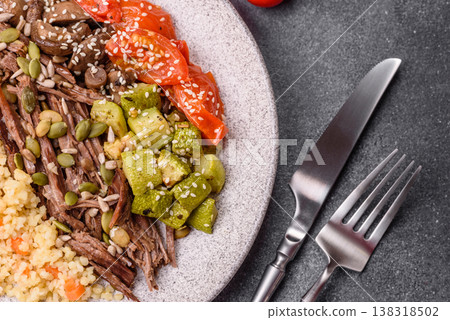 A bowl with beef, porridge, mushrooms, vegetables, sauce, and spices. Beef bowl A bowl with beef, porridge, mushrooms, vegetables, sauce, and spices. Beef bowl 138318502