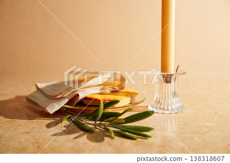 bottle of olive oil and vinegar on the table 138318607