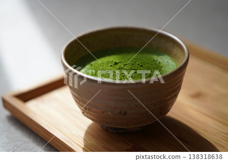 japanese green tea on wooden table 138318638