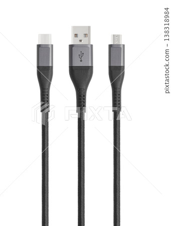 Black cable for charging and synchronization with Type - C, USB, Micro USB, Lightning connectors on a white background 138318984