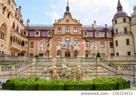 Facade of Moszna Castle with stairs and sculptures in Poland Facade of Moszna Castle with stairs and sculptures in Poland 138319313