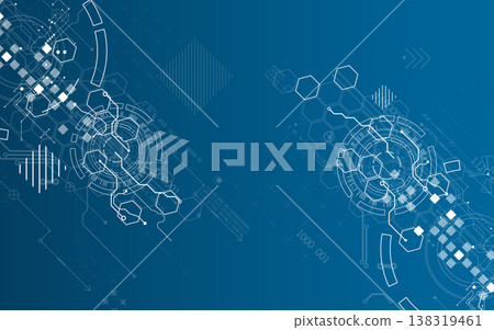 Technological background with various white elements in a drawing style on a blue background. Technological background with various white elements in a drawing style on a blue background. 138319461