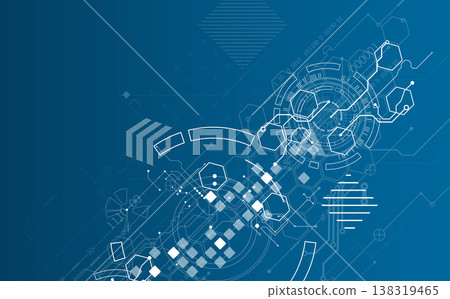 Technological background with various white elements in a drawing style on a blue background. 138319465