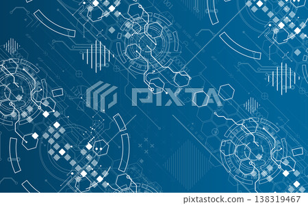 Technological background with various white elements in a drawing style on a blue background. 138319467