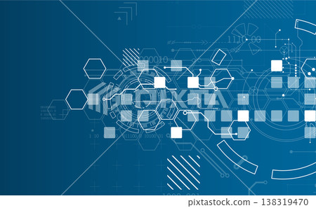 Technological background with various white elements in a drawing style on a blue background. 138319470