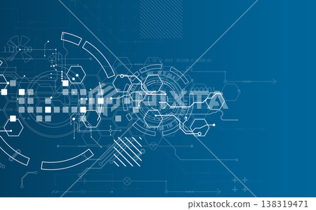 Technological background with various white elements in a drawing style on a blue background. 138319471