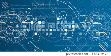 Technological background with various white elements in a drawing style on a blue background. 138319472