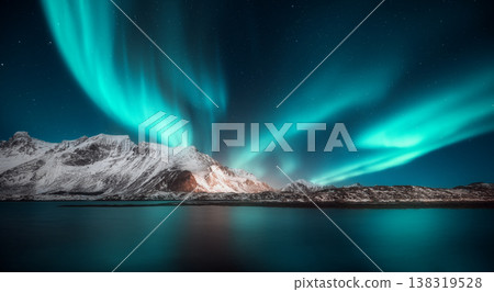Aurora borealis over the snowy mountains, sea coast at night 138319528